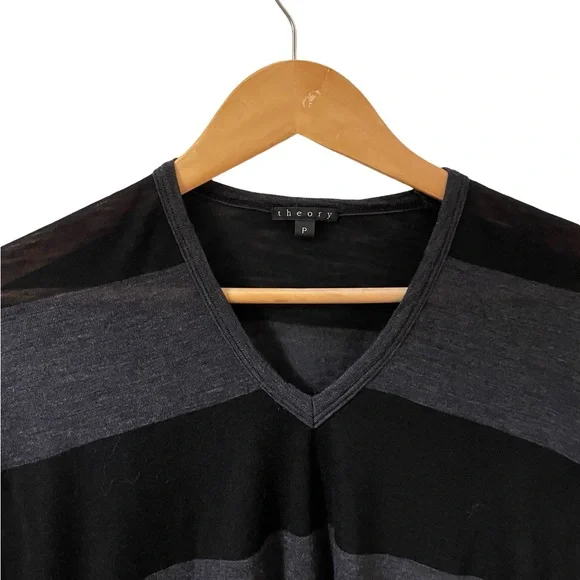 [s] THEORY Sweater shirt wool sheer striped v-neck black grey long sleeve - Picture 6 of 8